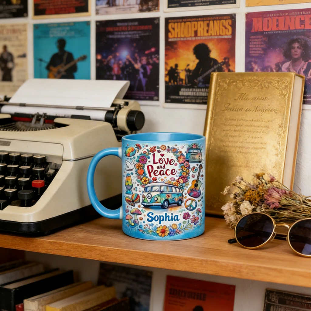 Personalized Hippie Guitar Music Mug Custom Name Colorful Hippie Car Hippie Coffee Mug Bohemian Coffee Mug