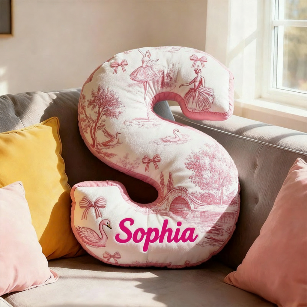 Personalized Graphic 3D Print Toile De Jouy Ballet Alphabet Shaped Pillow for Dance Lovers Initial Pillow Christmas Gift for Kids