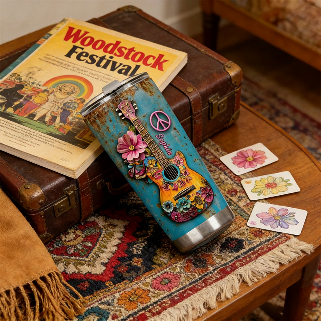 Personalized 2D Flat Peaceful Guitar Vibes 20oz Tumbler Custom Hippie Themed Tumbler for Music Lovers
