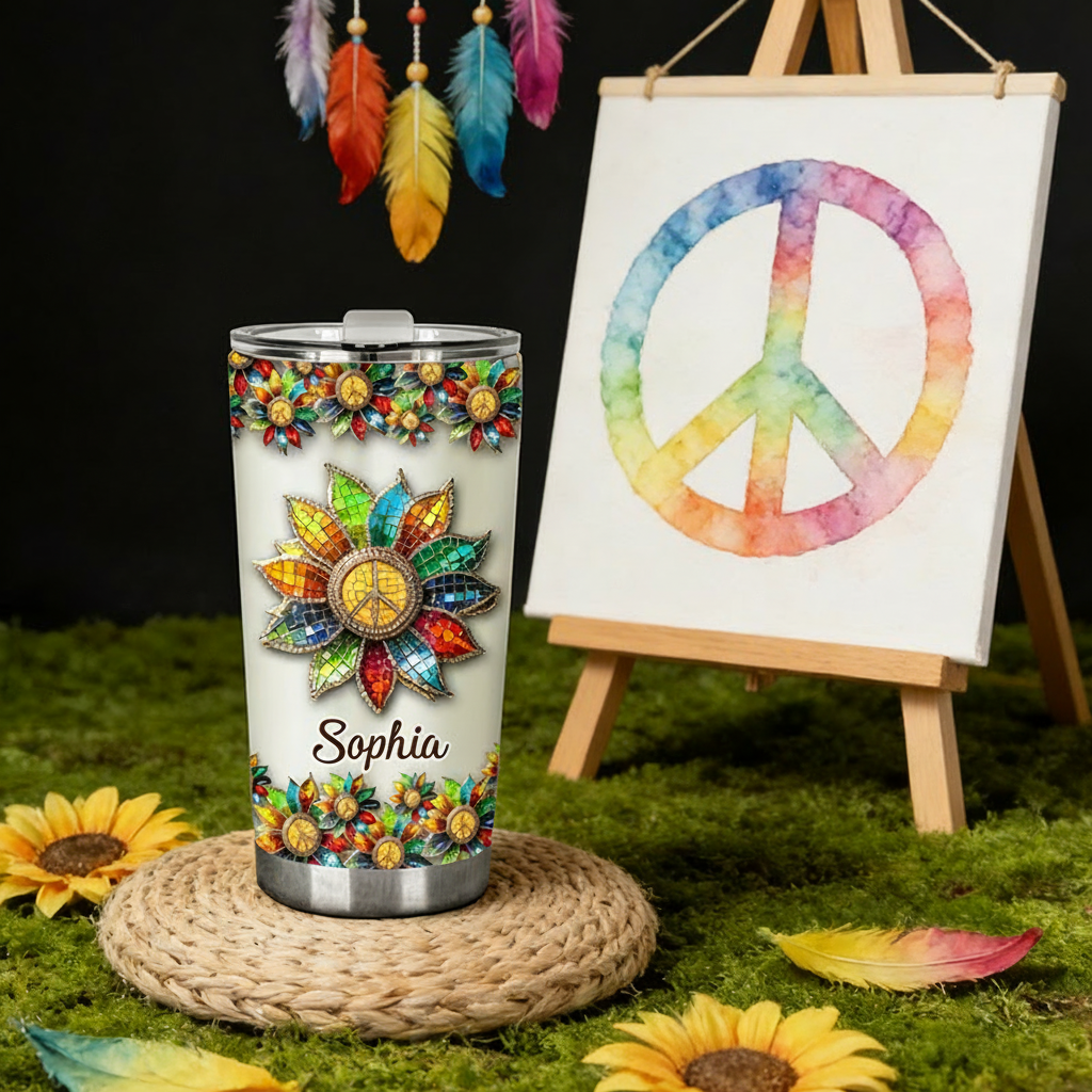 Personalized 2D Flat Flower Melody 20oz Tumbler Custom Hippie Themed Tumbler for Music Lovers