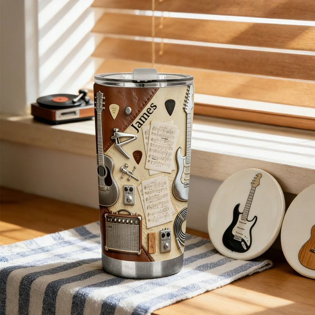 Personalized 2D Flat Vintage Music Notes 20oz Tumbler Custom Guitar Themed Tumbler for Music Lovers