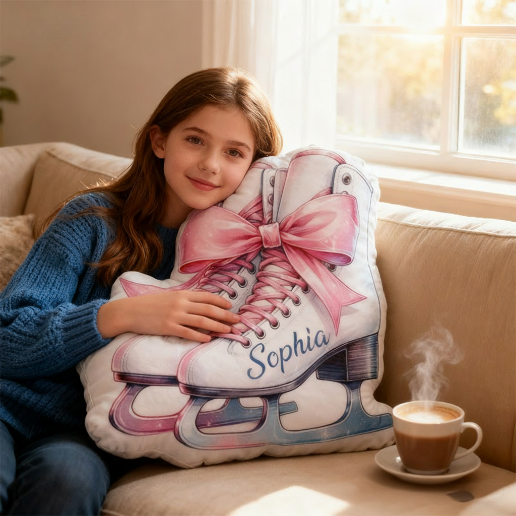 Personalized Graphic 3D Print Ice Skates With Bow Tie Shaped Pillow for Ice Skate Lovers Pillow Christmas Gift for Kids