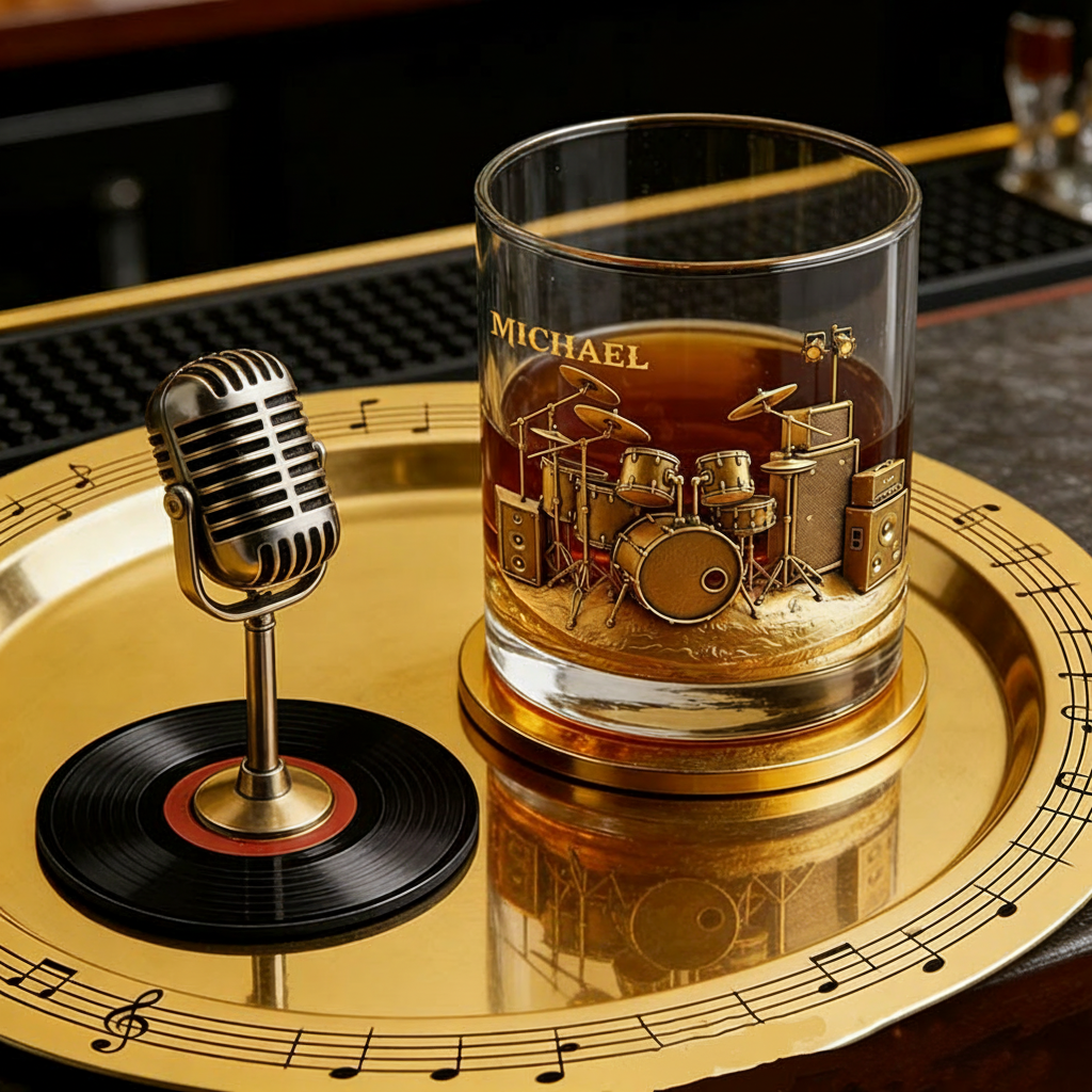 Personalized Drum Set Whiskey Glass Custom Name Whiskey Glass Engraved Glasses Gift Drummer Birthday Concert Holiday Gift