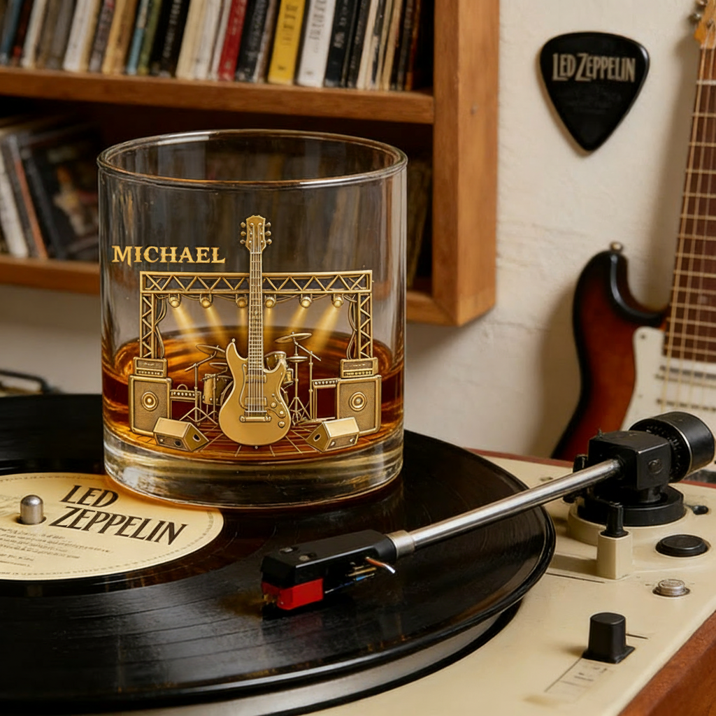 Personalized Electric Guitar Whiskey Glass Custom Name Whiskey Glass Engraved Glasses Gift Guitarist Birthday Concert Holiday Gift