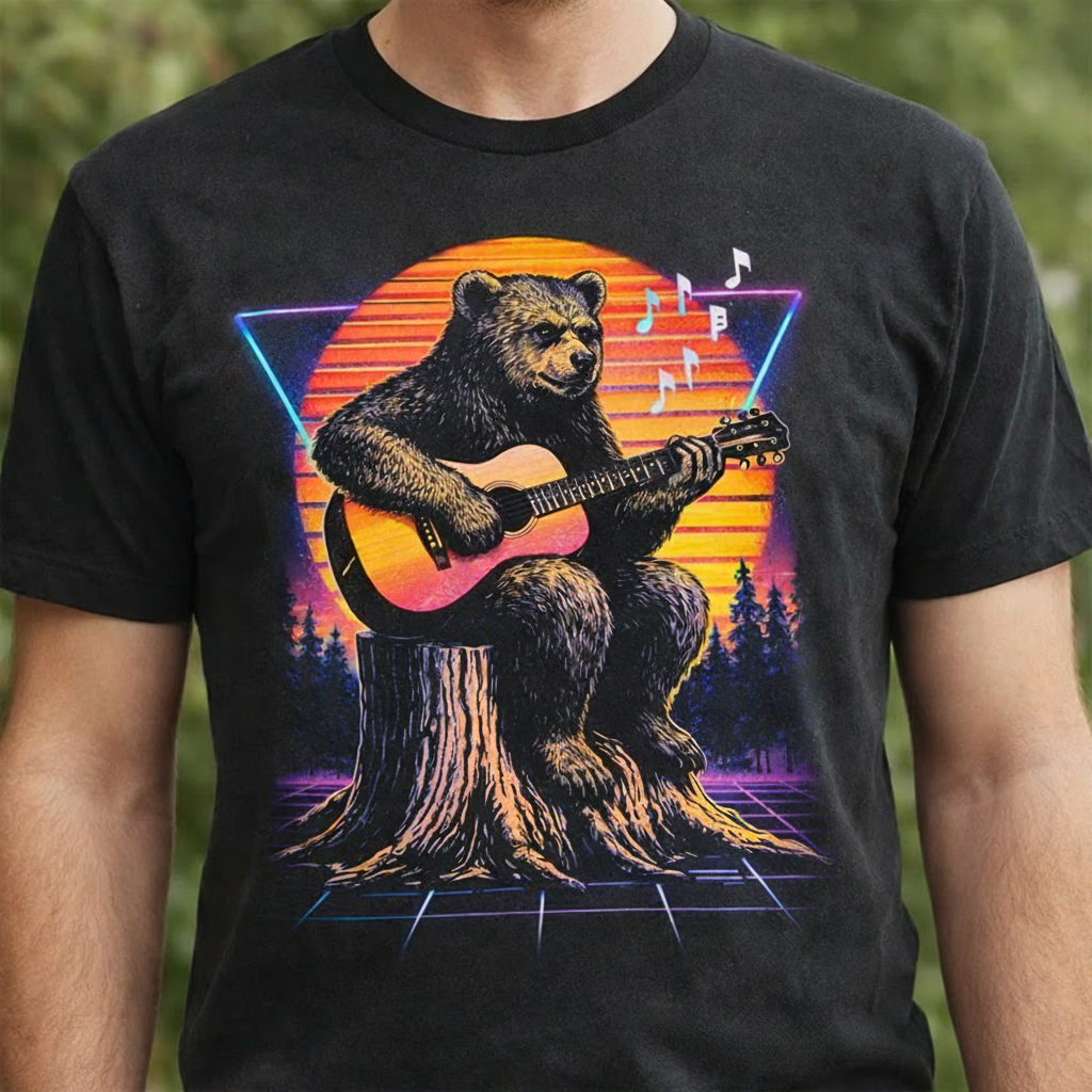 Personalized Classic T-Shirts Neon Bear Guitarist T-Shirt Vintage Music Graphic Tee for Music Lovers