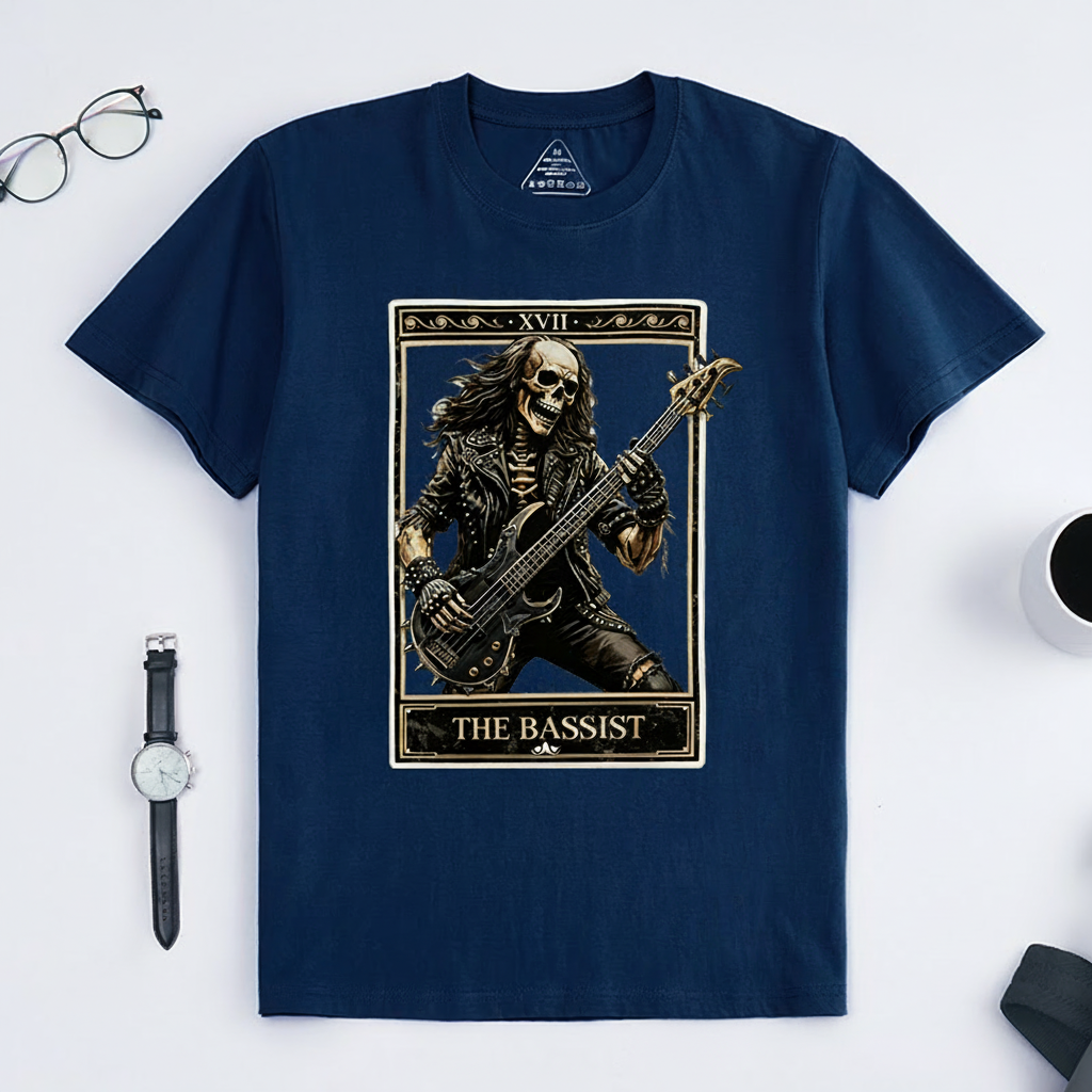 Personalized Classic T-Shirts The Bassist Skull T-Shirt Vintage Music Tarot Graphic Tee for Music Lovers