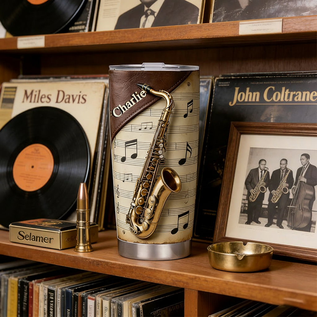 Personalized 2D Flat Golden Melody 20oz Tumbler Custom Saxophone Themed Tumbler for Music Lovers