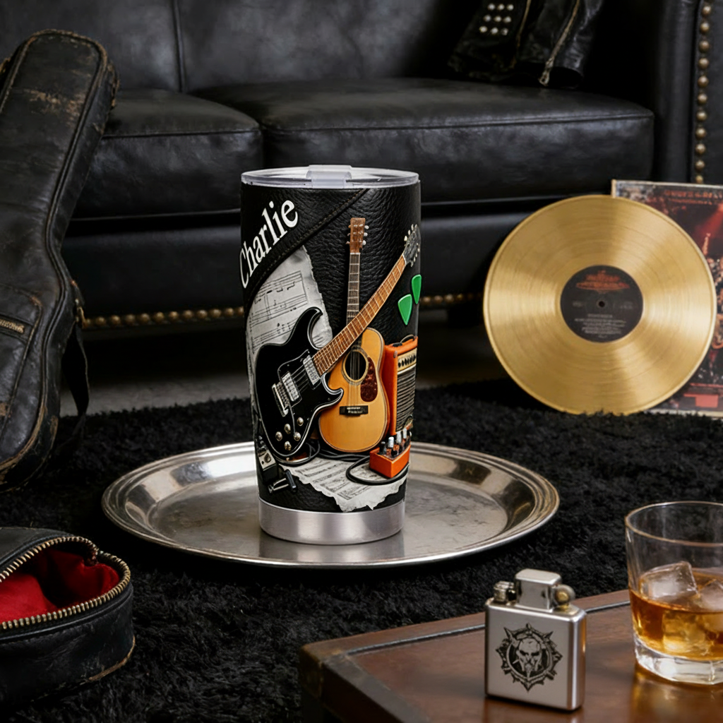 Personalized 2D Flat Rock Fusion 20oz Tumbler Custom Guitar Themed Tumbler for Music Lovers