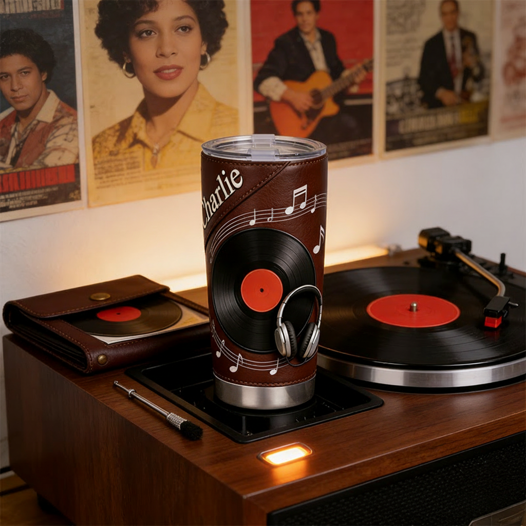 Personalized 2D Flat Vinyl Groove 20oz Tumbler Custom Vinyl Record Themed Tumbler for Music Lovers