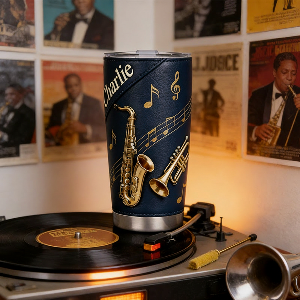 Personalized 2D Flat Golden Jazz Harmony 20oz Tumbler Custom Saxophone Themed Tumbler for Music Lovers