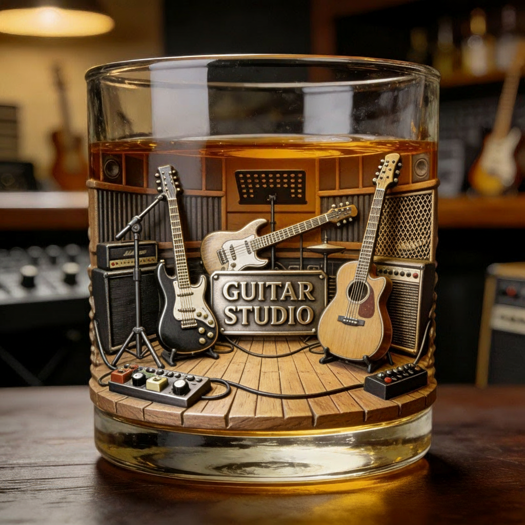 Personalized Guitar Studio Themed Whiskey Glass with Custom Text Whiskey Glass Engraved Glasses Gift for Guitar Players Musicians Music Producers