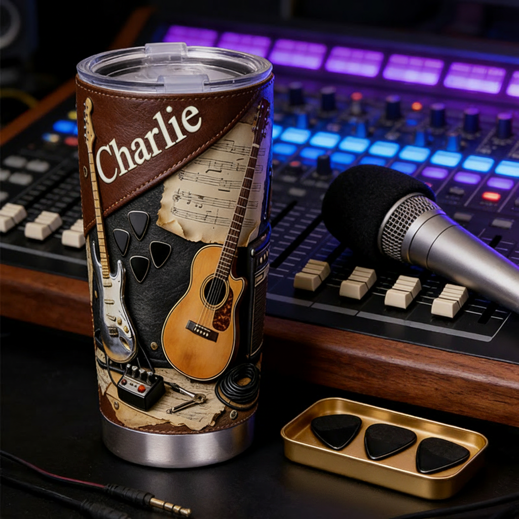 Personalized 2D Flat Dark Acoustic Vibes 20oz Tumbler Custom Guitar Themed Tumbler for Music Lovers