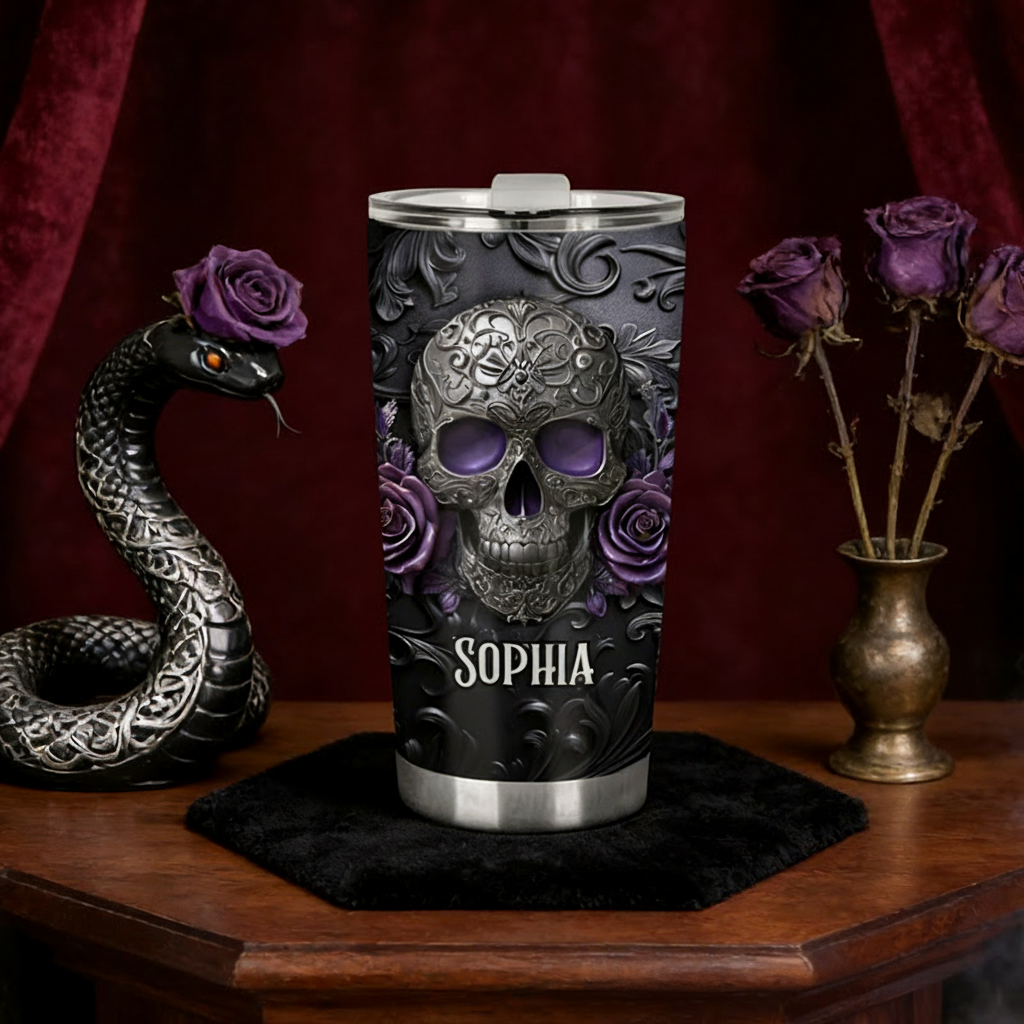 Personalized 2D Flat Gothic Rose Skull 20oz Tumbler Custom Magic Witch Themed Tumbler for Magic Lovers