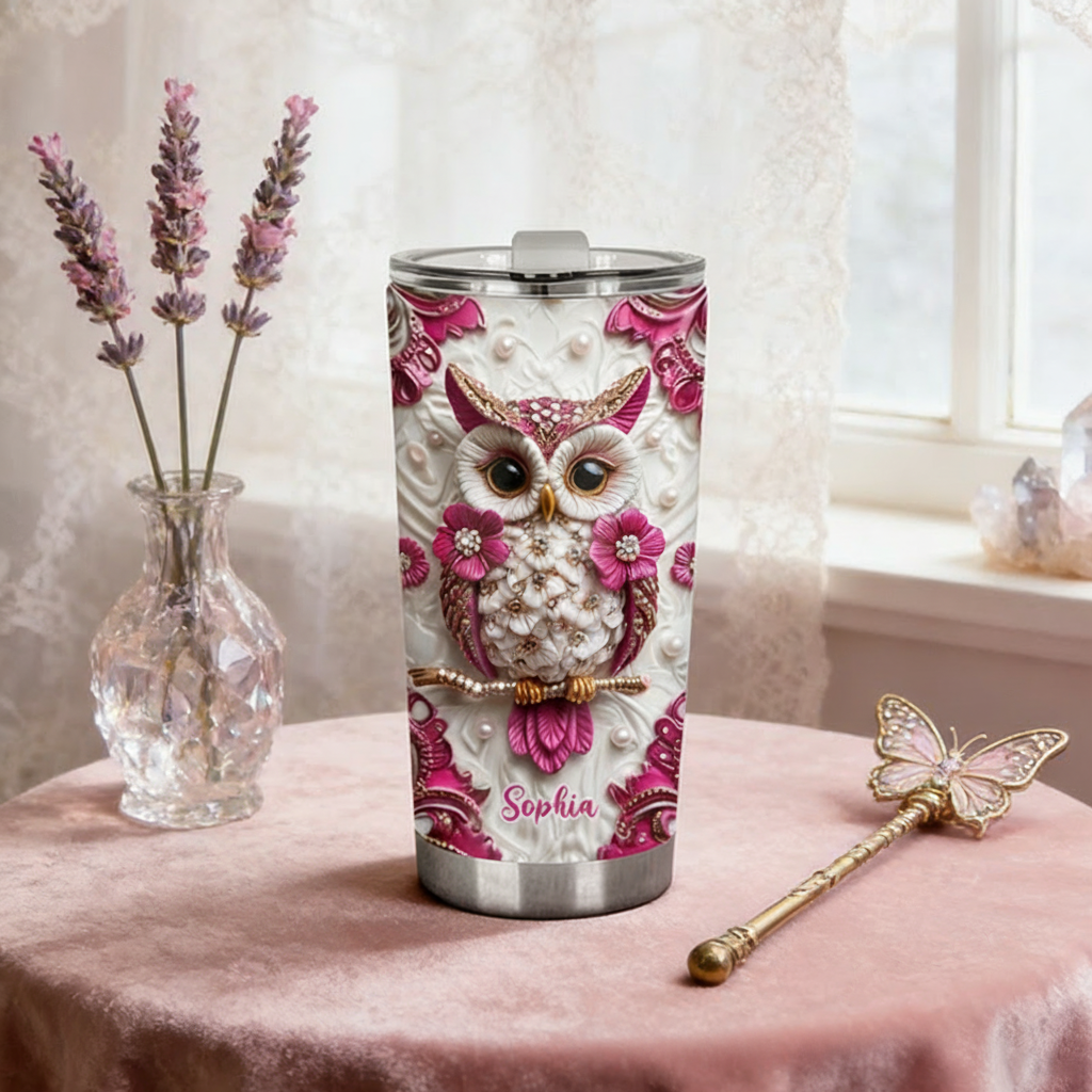 Personalized 2D Flat Floral Magic Owl 20oz Tumbler Custom Magic Witch Themed Tumbler for Magic Lovers