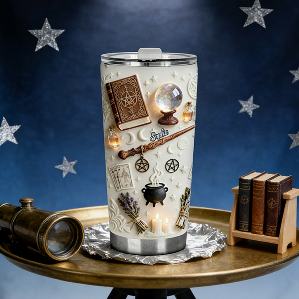 Personalized 2D Flat Vintage Magical Witch 20oz Tumbler Custom Magic Witch Themed Tumbler for Magic Lovers