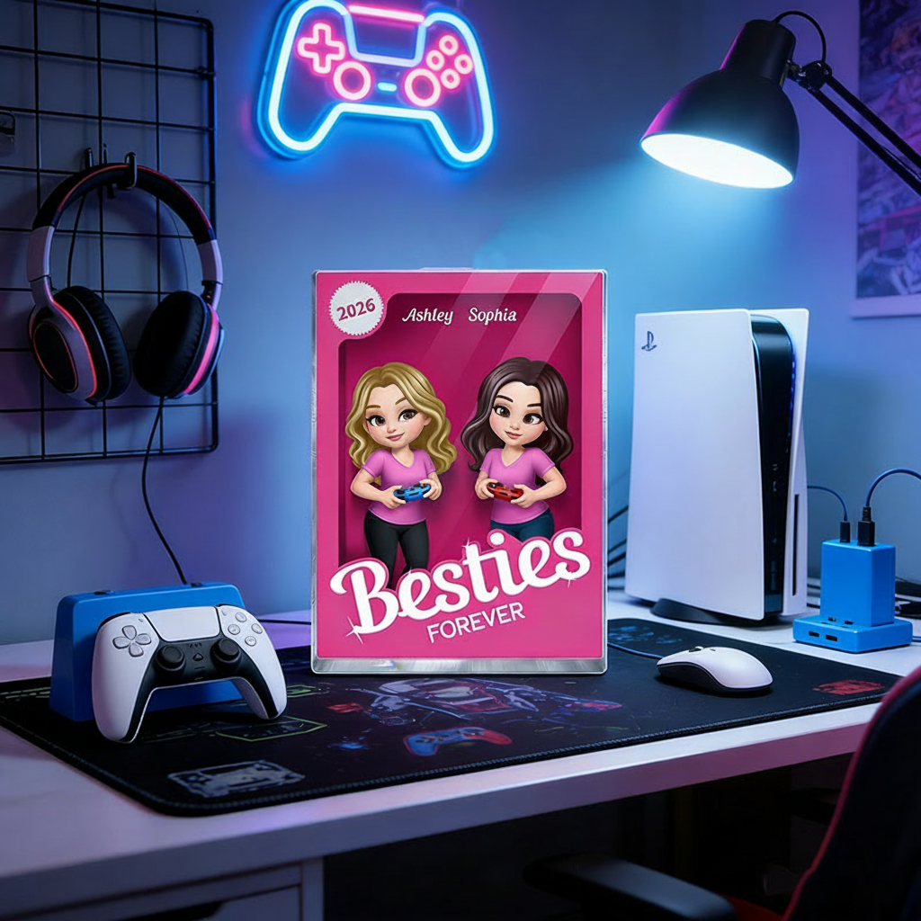 Personalized Besties Forever Pink Action Figure Acrylic Block Plaque Customizable with Photos and Names Meaningful Gift For Best Friend Game Lovers