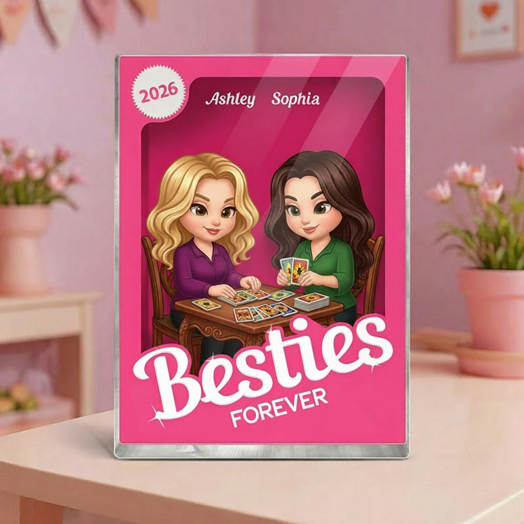 Personalized Besties Forever Pink Action Figure Acrylic Block Plaque Customizable with Photos and Names Meaningful Gift For Best Friend Tarot Lovers Magic Lovers
