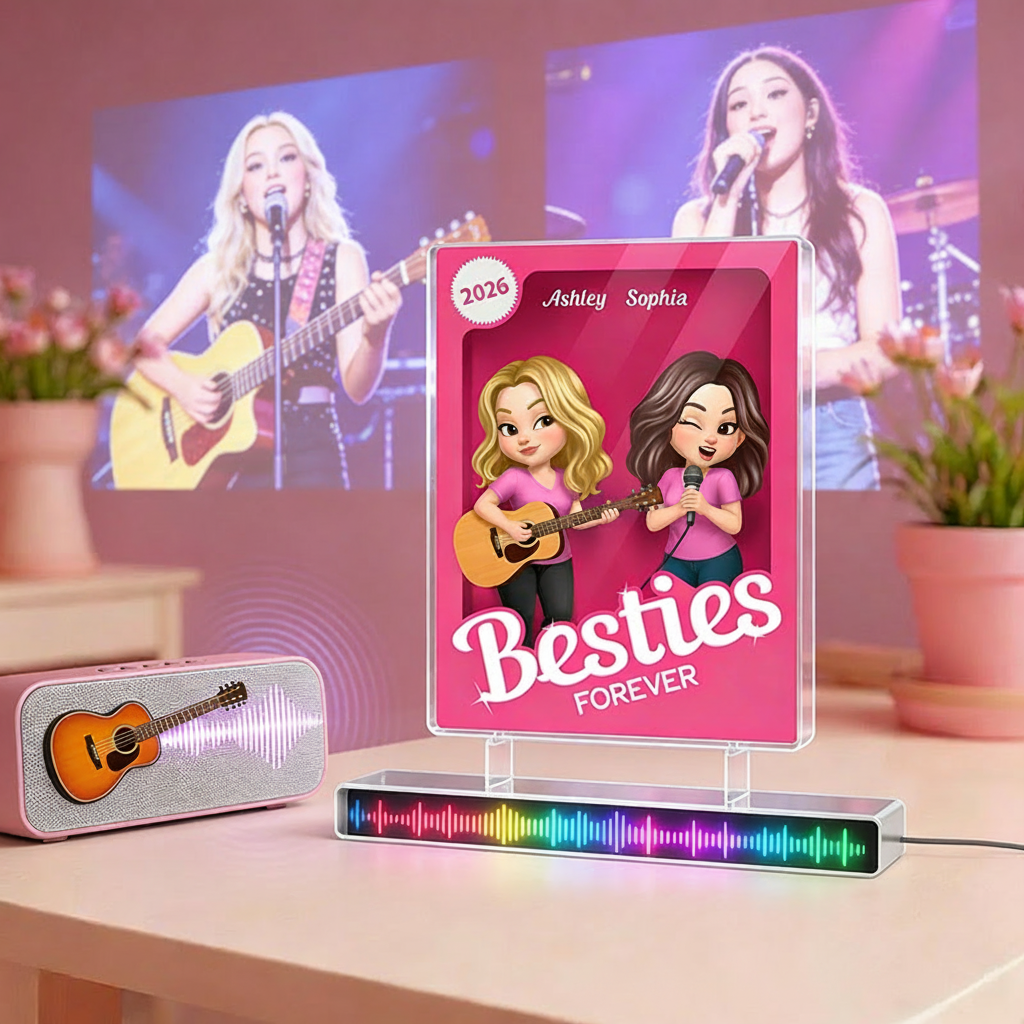 Personalized Besties Forever Pink Action Figure Acrylic Block Plaque Customizable with Photos and Names Meaningful Gift For Best Friend Guitar Lovers Music Lovers