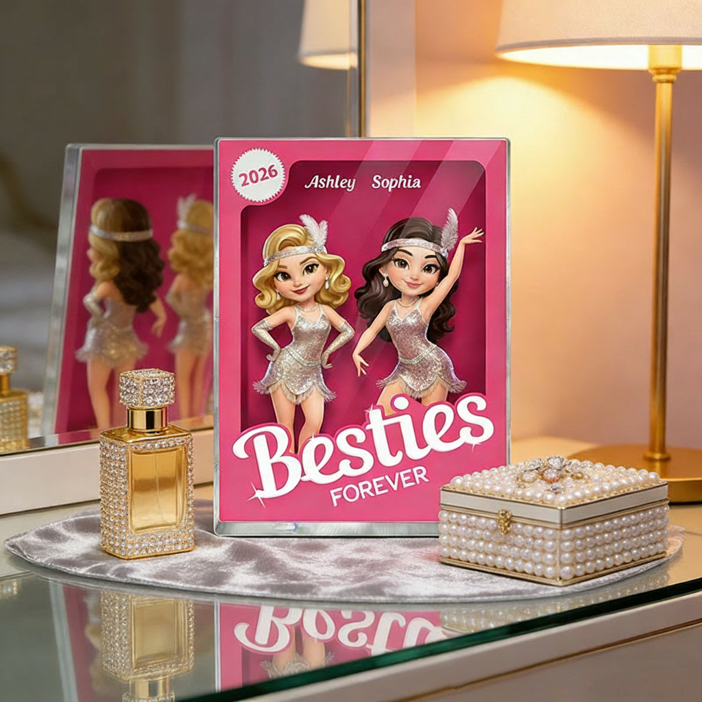 Personalized Besties Forever Pink Jazz Dance Action Figure Acrylic Block Plaque Customizable with Photos and Names Meaningful Gift for Best Friend Dance Lovers