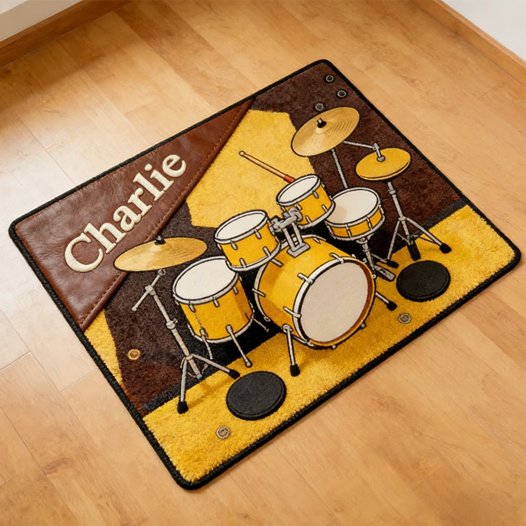 Personalized 2D Flat Golden Drumbeat Rug for Music Lovers Gift for Kids Music Studio