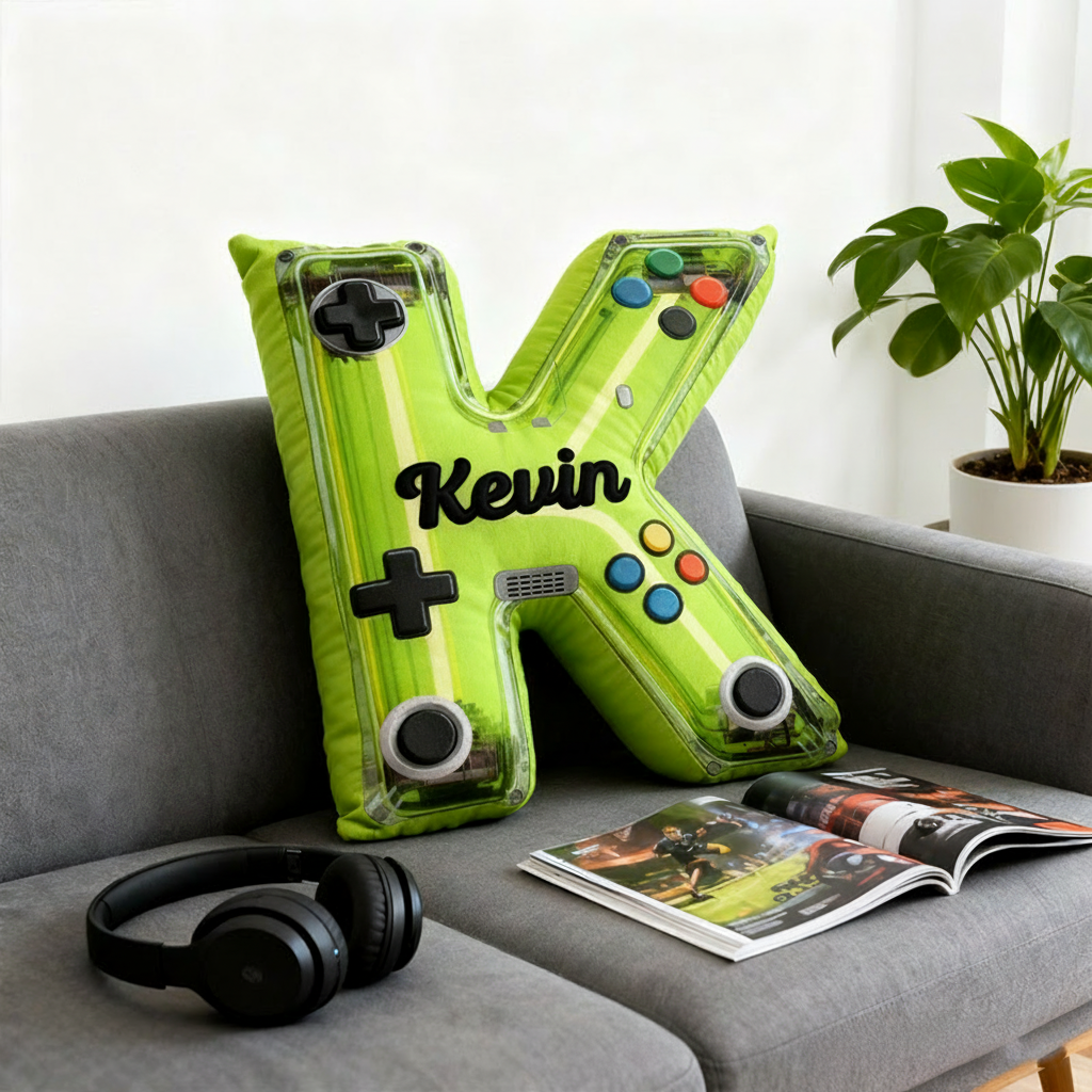 Personalized Graphic 3D Print Neon Controller Alphabet Shaped Pillow for Game Lovers Initial Pillow Christmas Gift for Kids