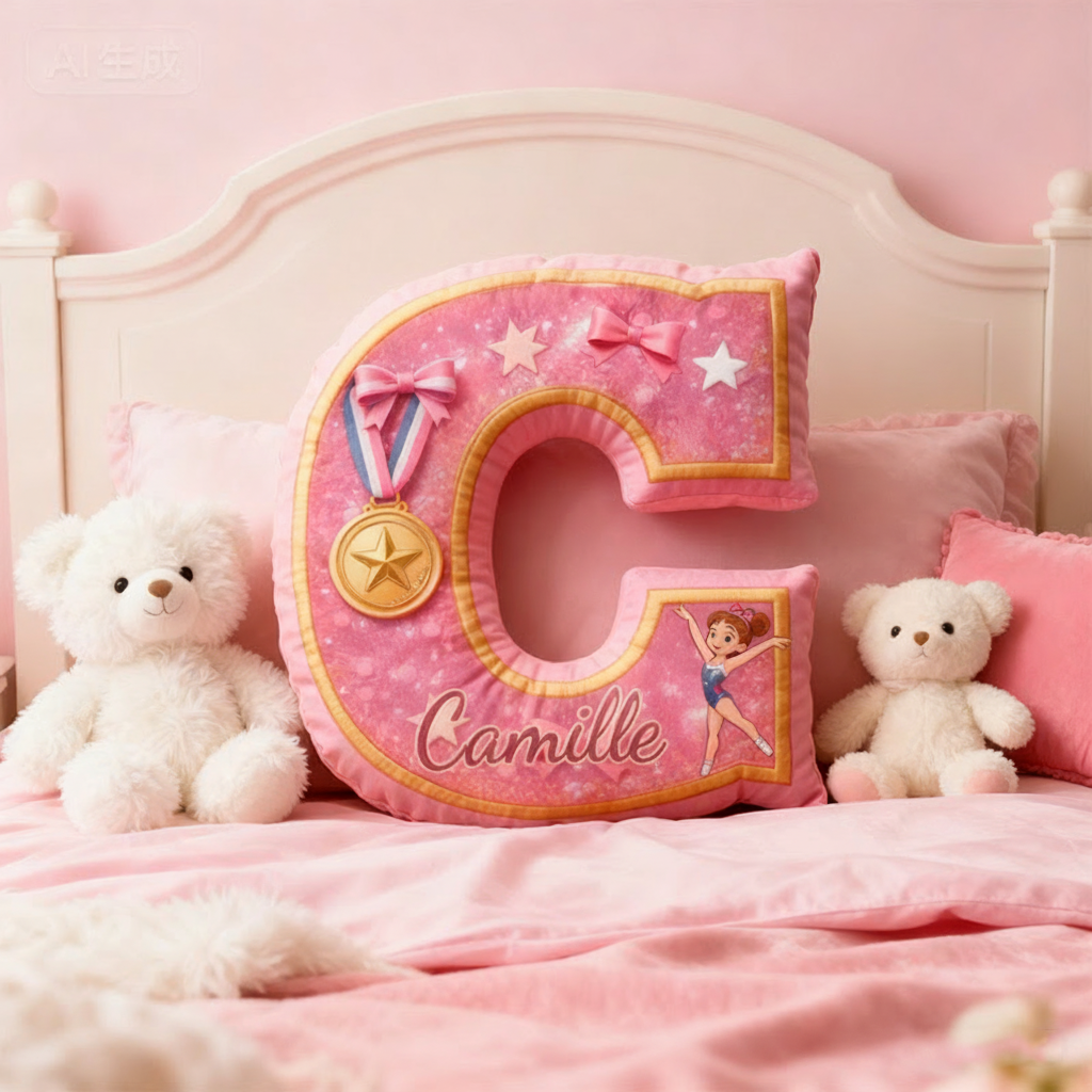 Personalized Graphic 3D Print Gliiter Style Sweet Gymnastic Alphabet Shaped Pillow for Gymnastic Lovers Initial Pillow Christmas Gift for Kids