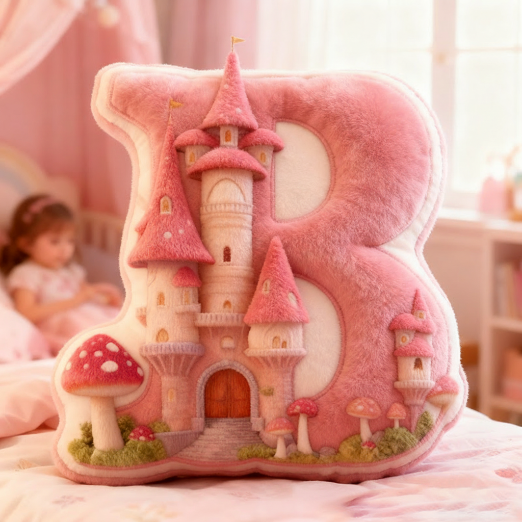 Personalized Letter Pillow with Mushroom House Design Pink Fairy Tale Theme Enchanted Tower and Magical Decorative Touch Graphic 3D Print Pillow