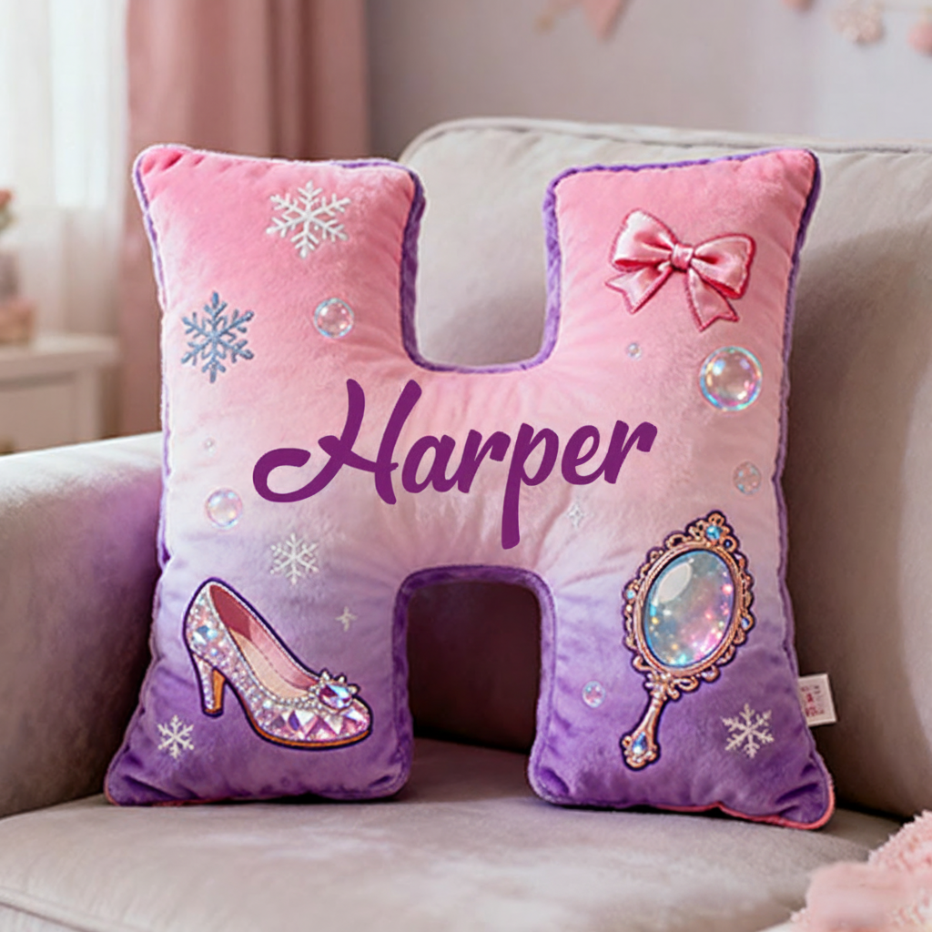 Personalized Colorful 26Letters Magic Mirror and Crystal Shoe Cute Graphic 3D Print Pillow Cute Magic Beautiful Letter Custom Pillow Gift for Kids