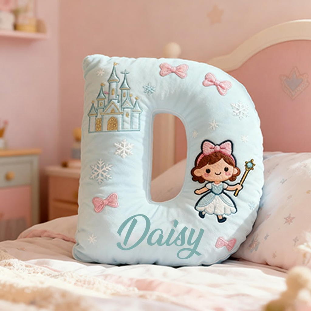 Personalized Light Blue Letter Christmas Gift Pillow with Castle Bow Accents and Fairy Princess Design for a Magical and Whimsical Touch 3D Print Pillow