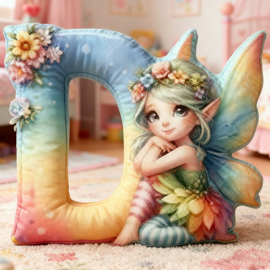 Personalized Letter Christmas Gift Pillow with Gradient Sparkling Fairy Colorful Wings and  Magical Style Graphic 3D Print Pillow for Kids