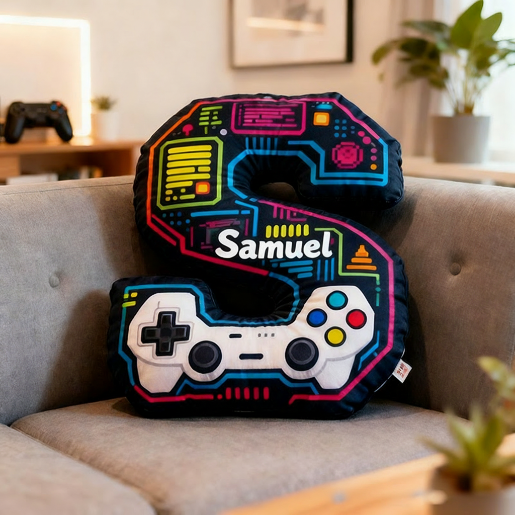 Personalized Graphic 3D Print Game Controller Letter Pillow for Game Lovers Plush Pillow Christmas Birthday Gift for Kids