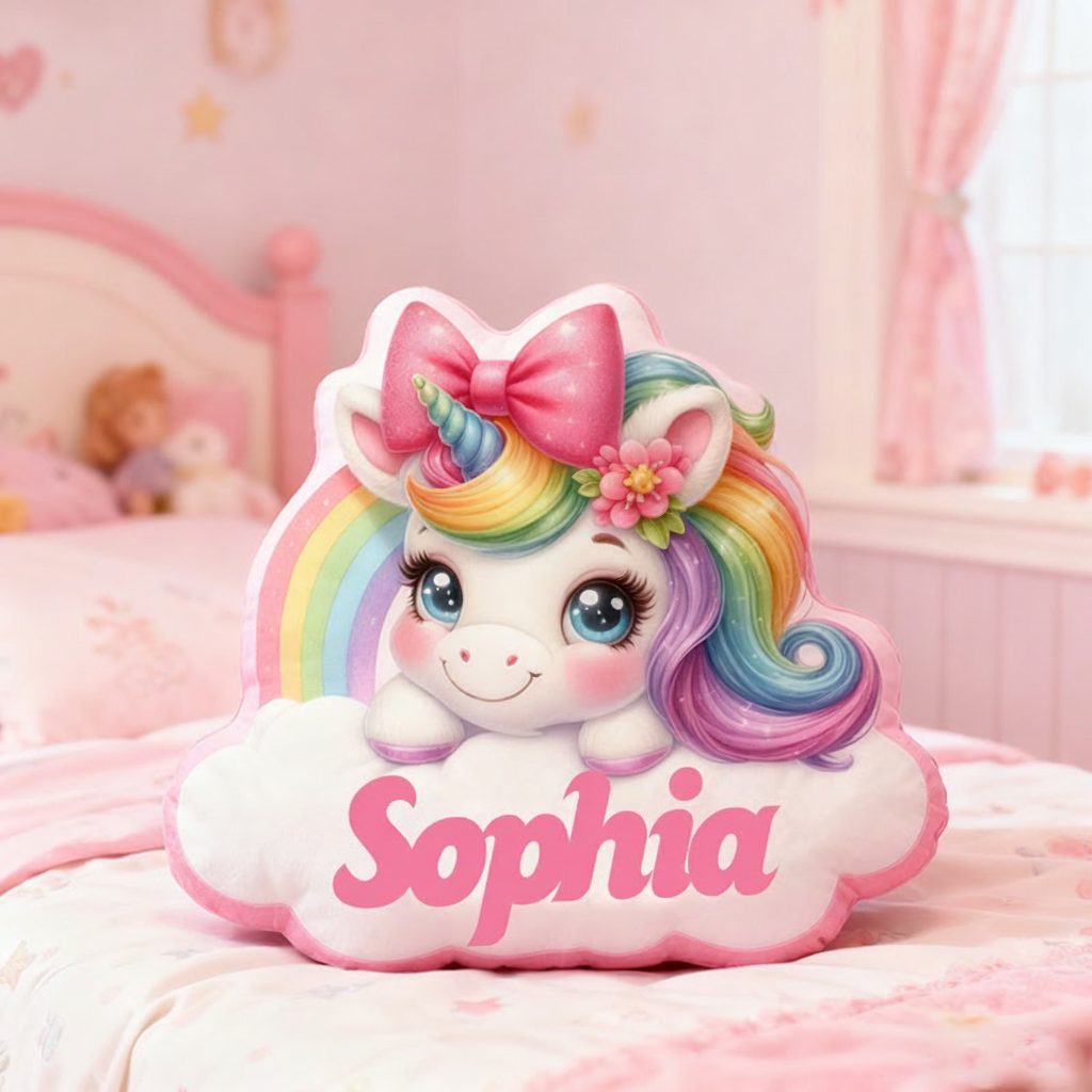 Personalized Christmas Gift Pillow Pastel Colors Custom Name and Whimsical Fantasy Style Graphic 3D Print Pillow for Kids