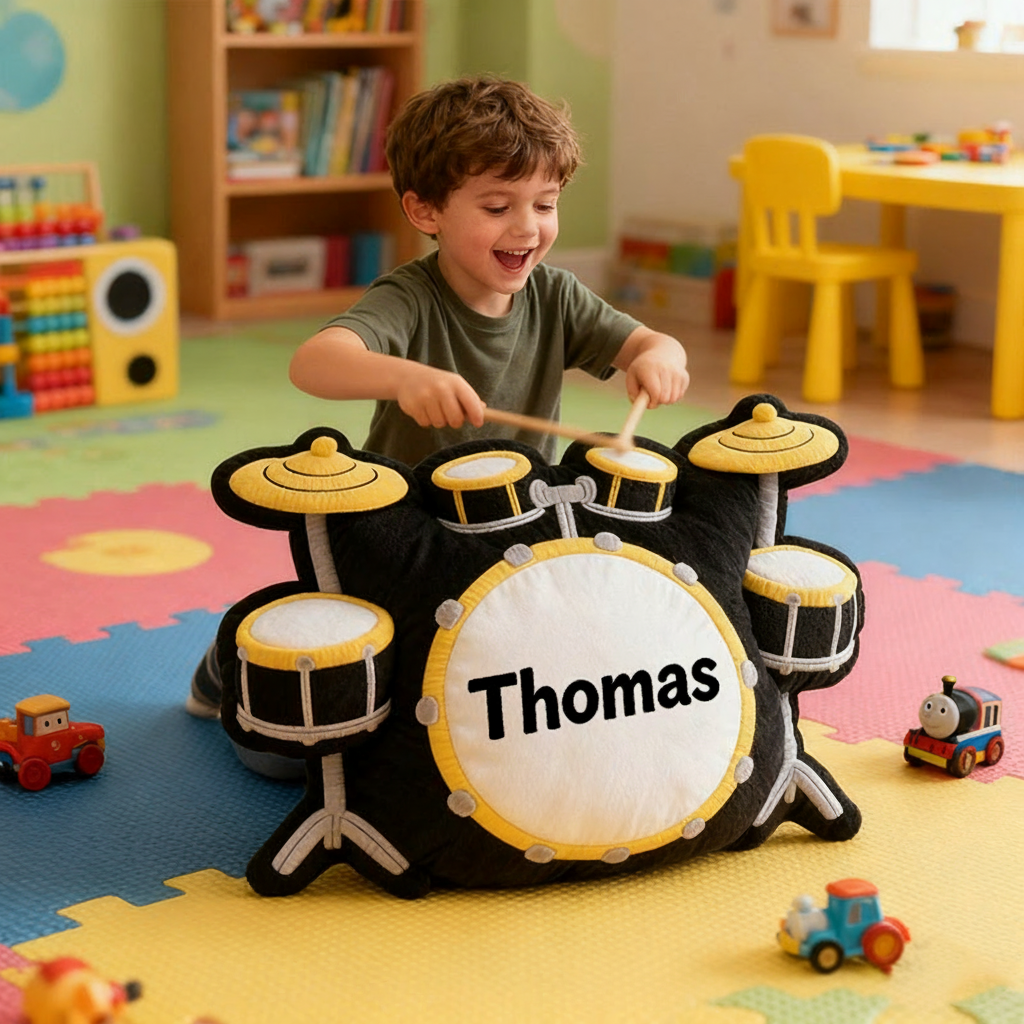 Personalized Graphic 3D Print Drum Set Pillow With Your Own Name Soft Stuffed Toy for Kids Unique Decorative Cushion for Boys' Room and Music Room