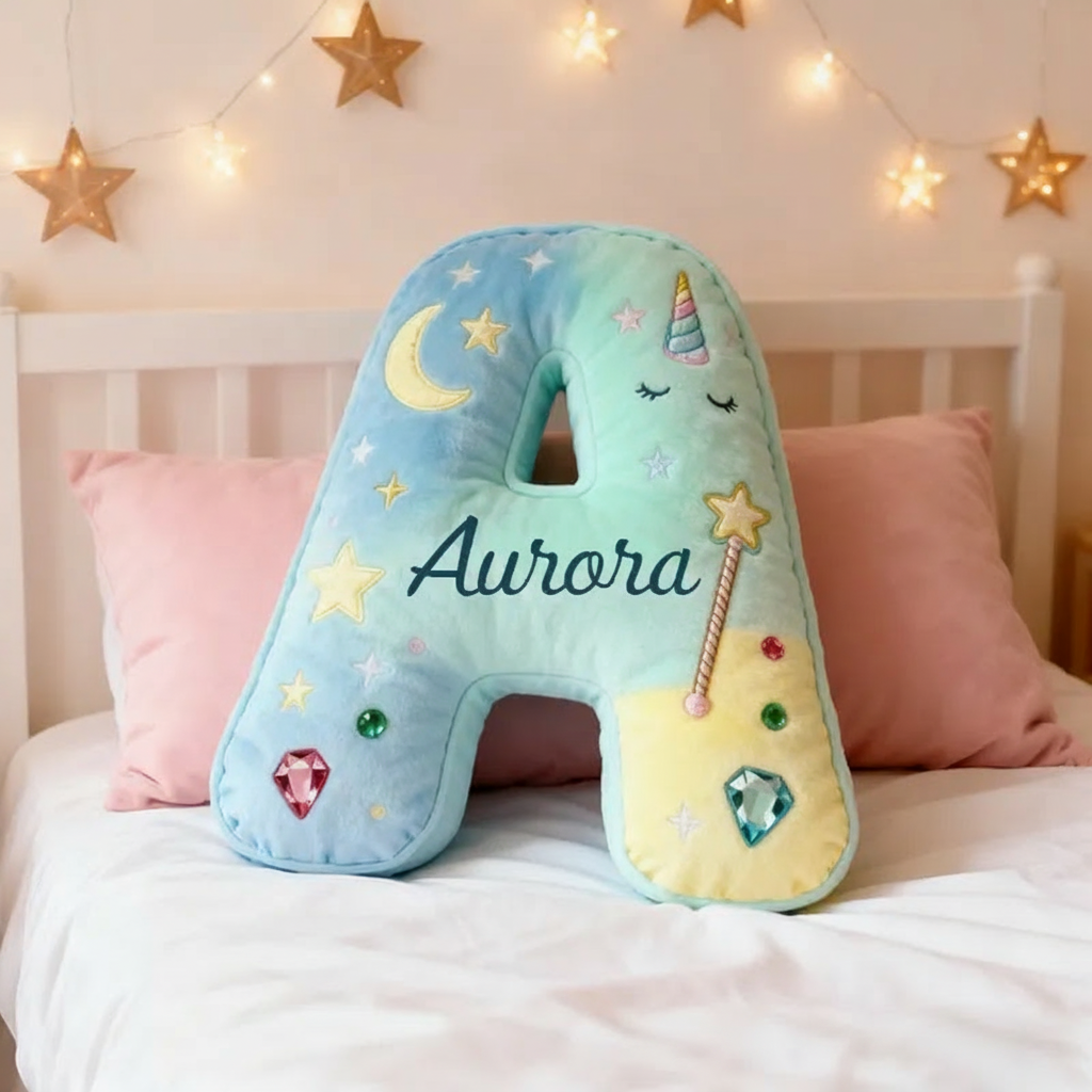 Personalized Colorful 26 Letters Unicorn Starry Dream Cute Graphic 3D Print Pillow Cute Magic Beautiful Letter Custom Pillow Gift for Kids