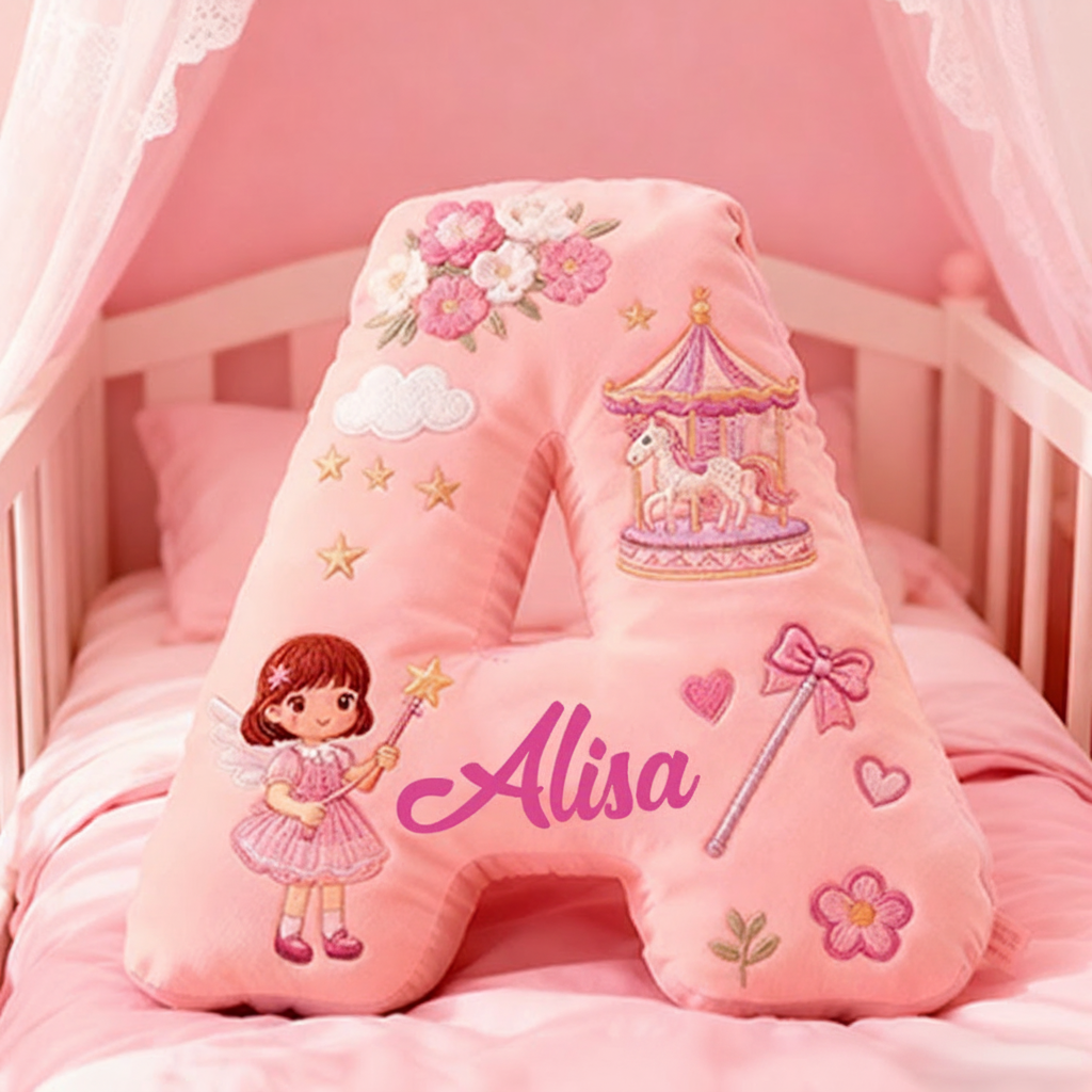 Personalized Pink Letter Christmas Gift Pillow Pink Fairy Tale Design Carousel Magic Wand Flowers and Whimsical Embroidery Graphic 3D Print Pillow