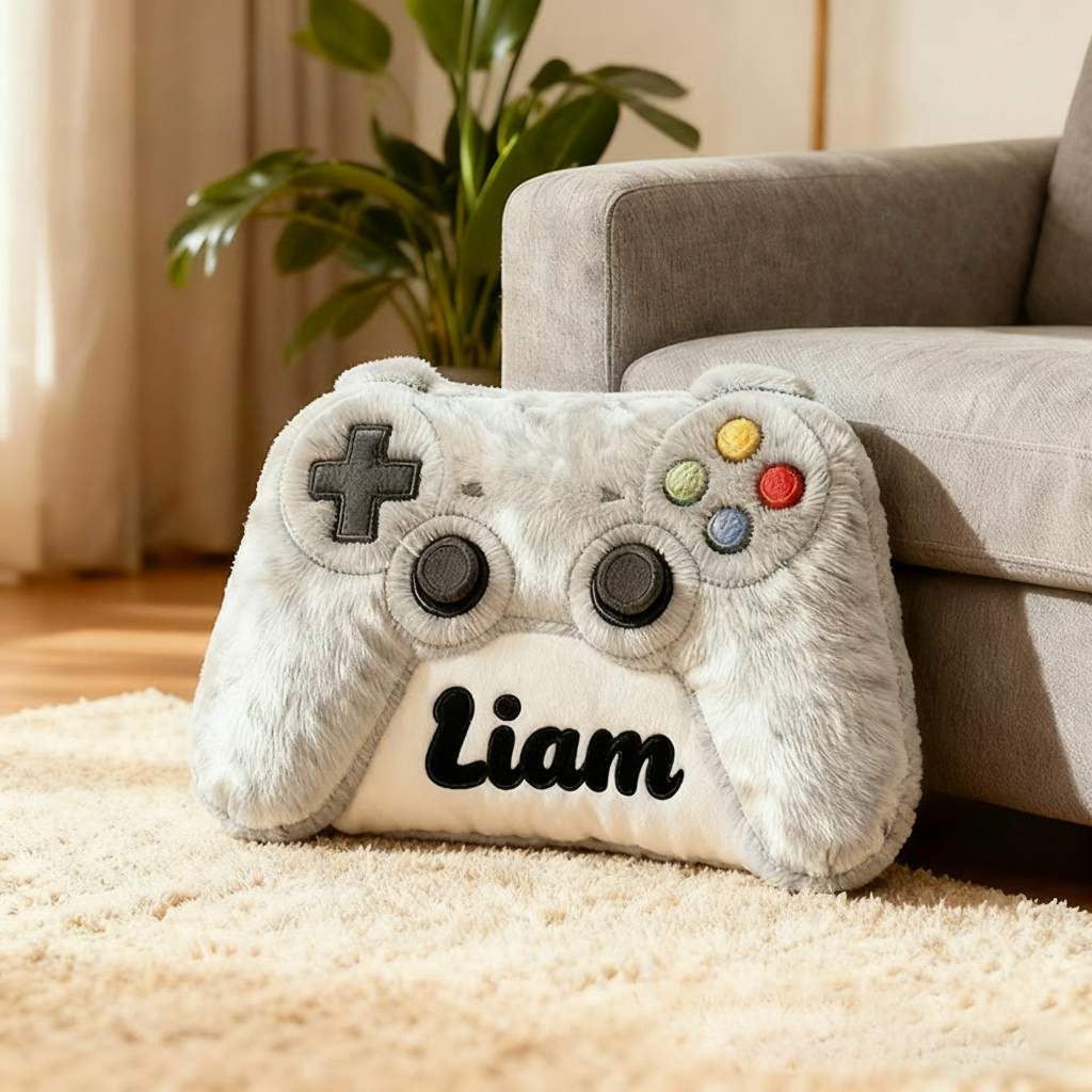 Personalized Graphic 3D Print Grayish White Game Controller Shaped Pillow for Game Lovers Plush Pillow Christmas Gift for Kids