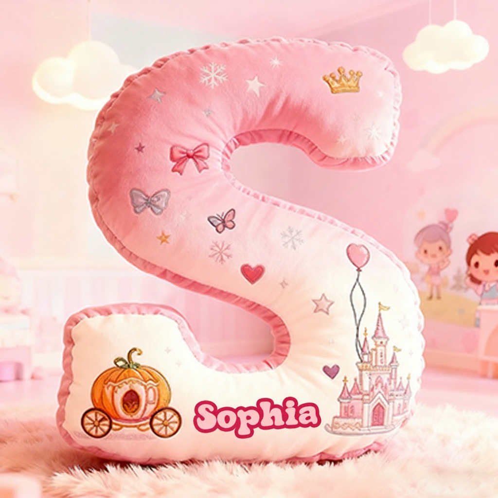 Personalized Letter Christmas Gift Pillow Princess Theme Castle Pumpkin Carriage Crown Balloons and Whimsical Fairy Tale Design Graphic 3D Print Pillow