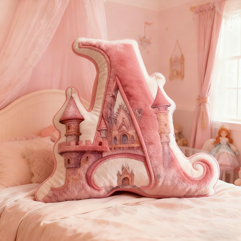 Personalized Pink Letter Christmas gift Pillow with Fairy Tale Castle Design Pink Fantasy Theme Dreamy Princess Style Graphic 3D Print Pillow