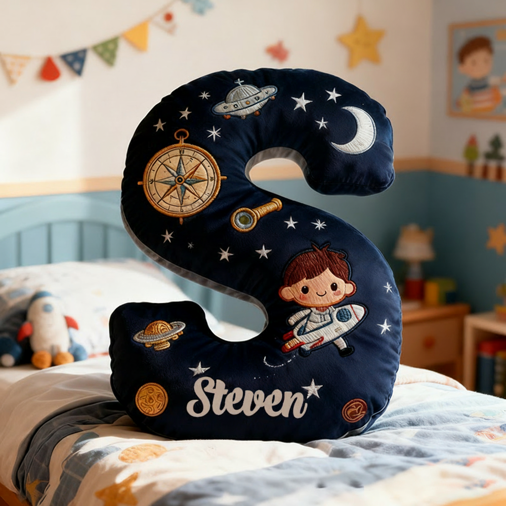 Personalized Space Themed Christmas Gift Pillow with Stars Moon Spaceship Compass Telescope and Astronaut Design Graphic 3D Print Pillow