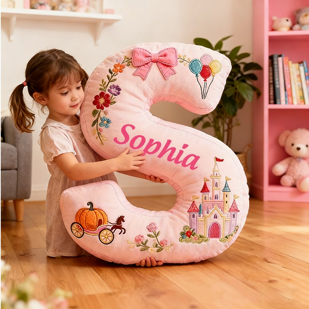 Personalized Pink Letter Christmas Gift Pillow with Castle Pumpkin Carriage Rainbow for a Fairytale Inspired Design Graphic 3D Print Pillow