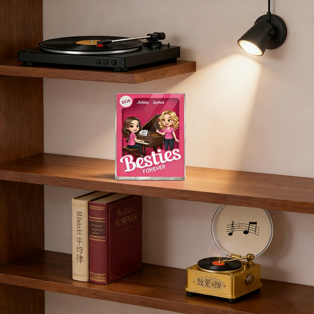 Personalized Besties Forever Pink Action Figure Acrylic Block Plaque Customizable with Photos and Names Meaningful Gift For Best Friend Piano Lovers Music Lovers