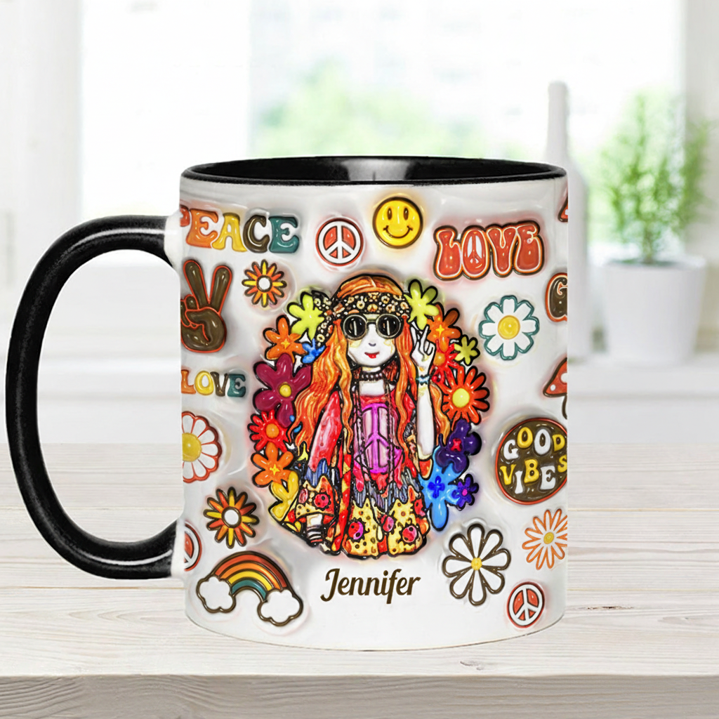 Personalized Name Hippie Accent Mug Hippie Girl Hippie Soul Peace Love Mug for Music Lover Gift