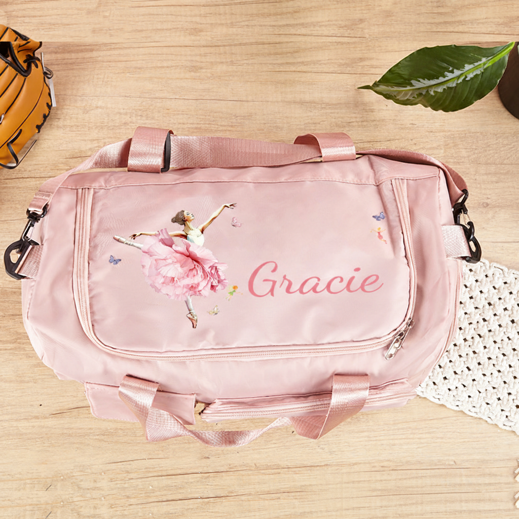 Personalized Ballet Girl Birth Flower Butterfly Waterproof Large Travel Duffle Bag Dance Bag with Shoe Compartment and Shoulder Strap for Dance Lover