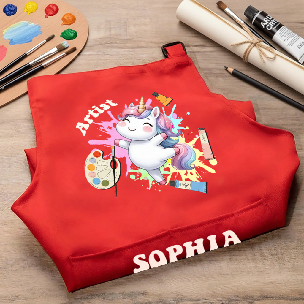 Personalized Cute Animal Kids Art Apron Fantasy Horse Kid Apron Chef Hat Set with Name Cooking Handcraft Activities Birthday Holiday Gift for Kids