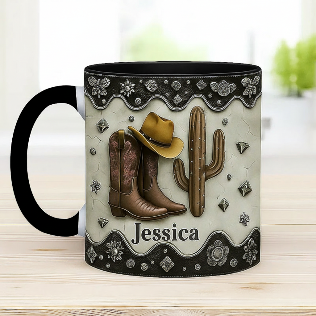 Personalized Name Cowboy Accent Mug Custom Cowboy Boots Gift for Music Lover