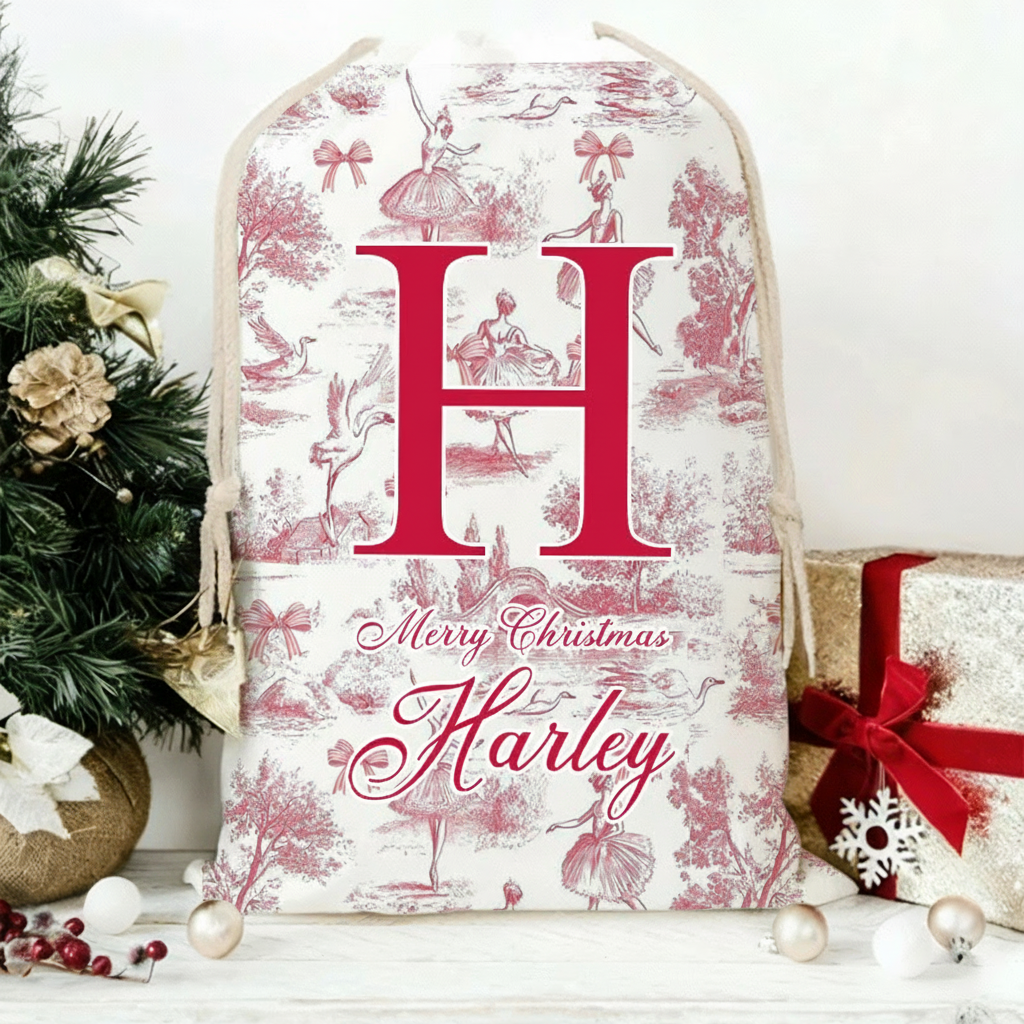 Personalized Vintage Toile De Jouy Ballet Initial Canvas Drawstring Gift Bag with Name Christmas Gift for Family Friends Dance Lovers