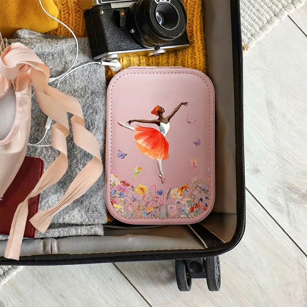 Personalized Birth Flower Butterfly Ballet Girl Leather Jewelry Box with LED Makeup Mirror Hair Pin Case Birthday Wedding Gift for Women