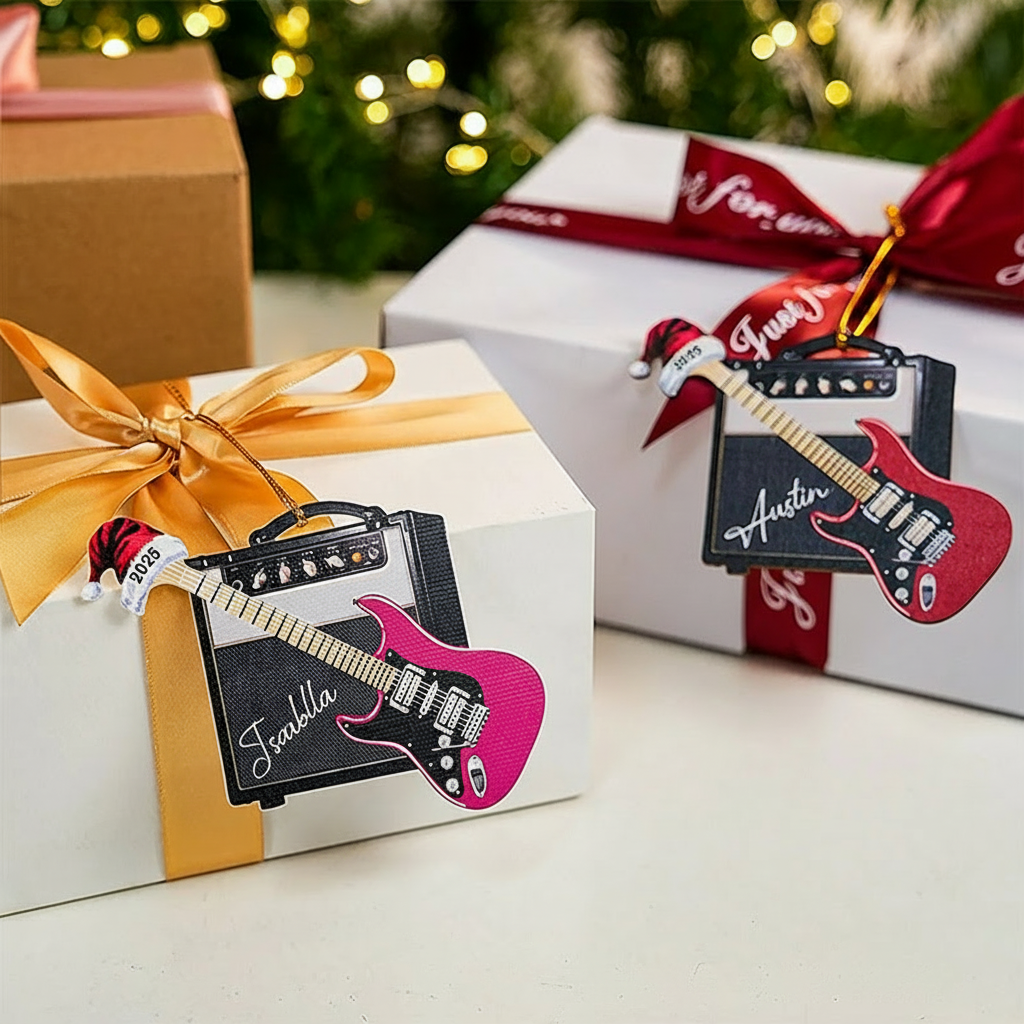 Personalized 3D Effect Retro Guitar Amp Santa Hat Ornament with Name and Year Holiday Decor Christmas Gift for Guitarists Guitar Lovers