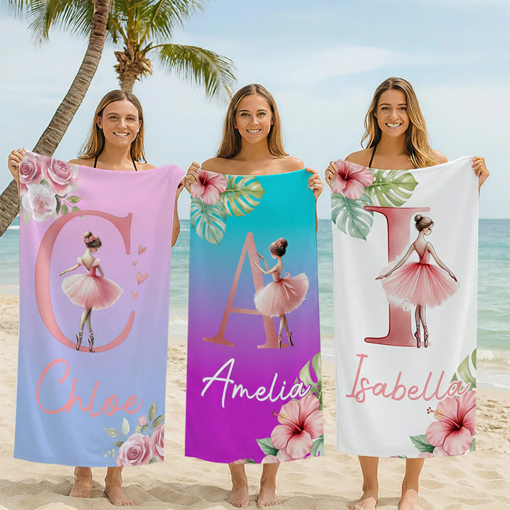 Personalized Rose Cartoon Ballerina Girl Beach Towel Ballet Lover Beach Towel with Name for Dance Lovers Dance Team Birthday Gift for Girls