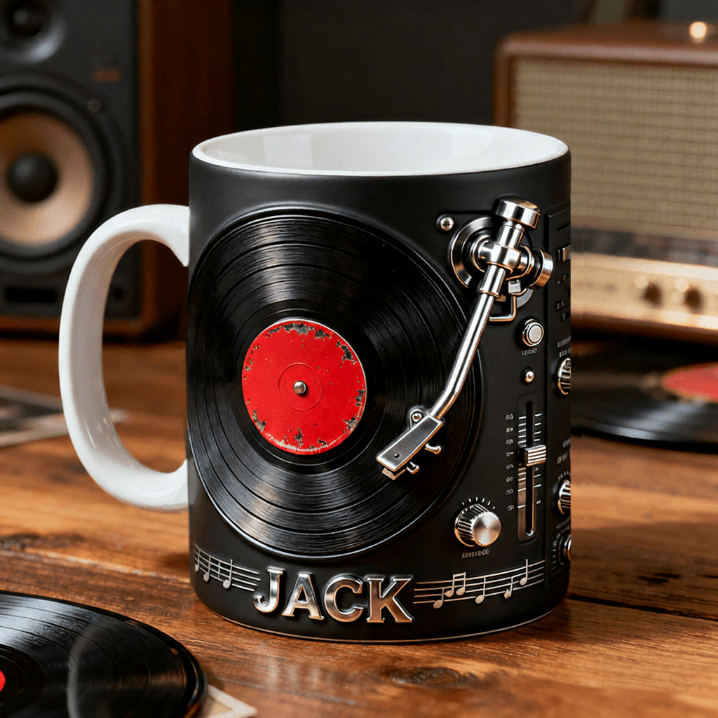 Personalized 2D Flat Vintage Spin Mug Custom Vinyl Records Themed Mug for Music Lovers
